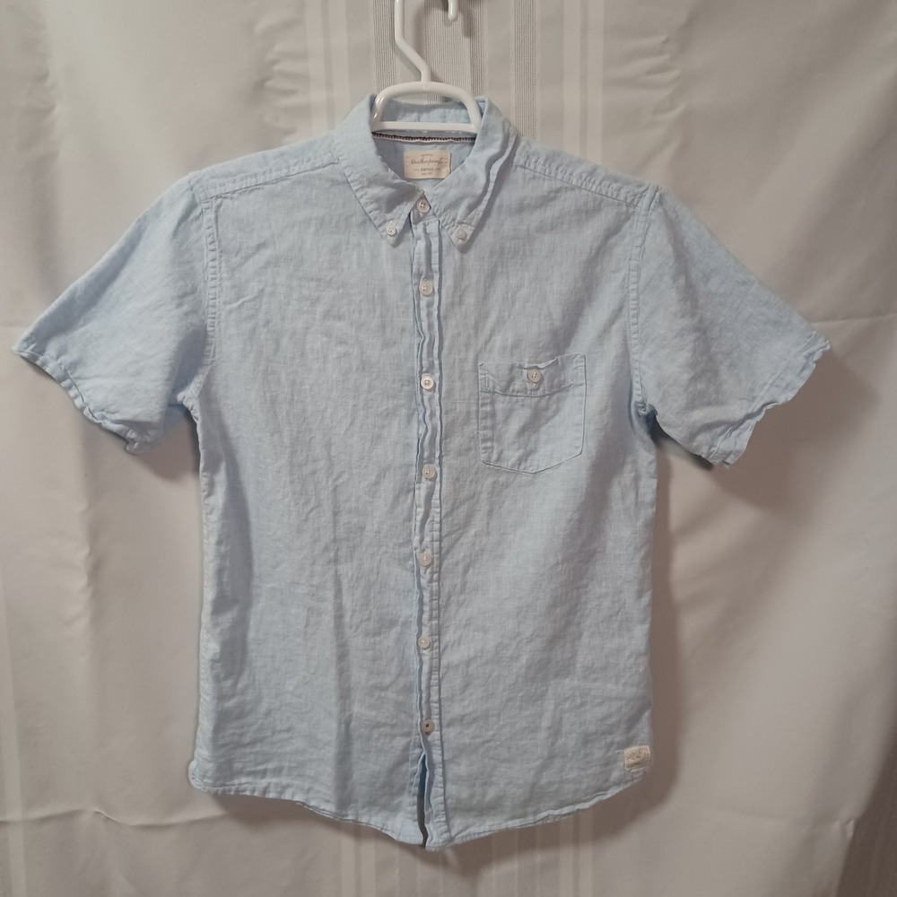 Weatherproof Vintage Shirt Mens L Blue Linen Cotton Short Sleeve Button‎ Down